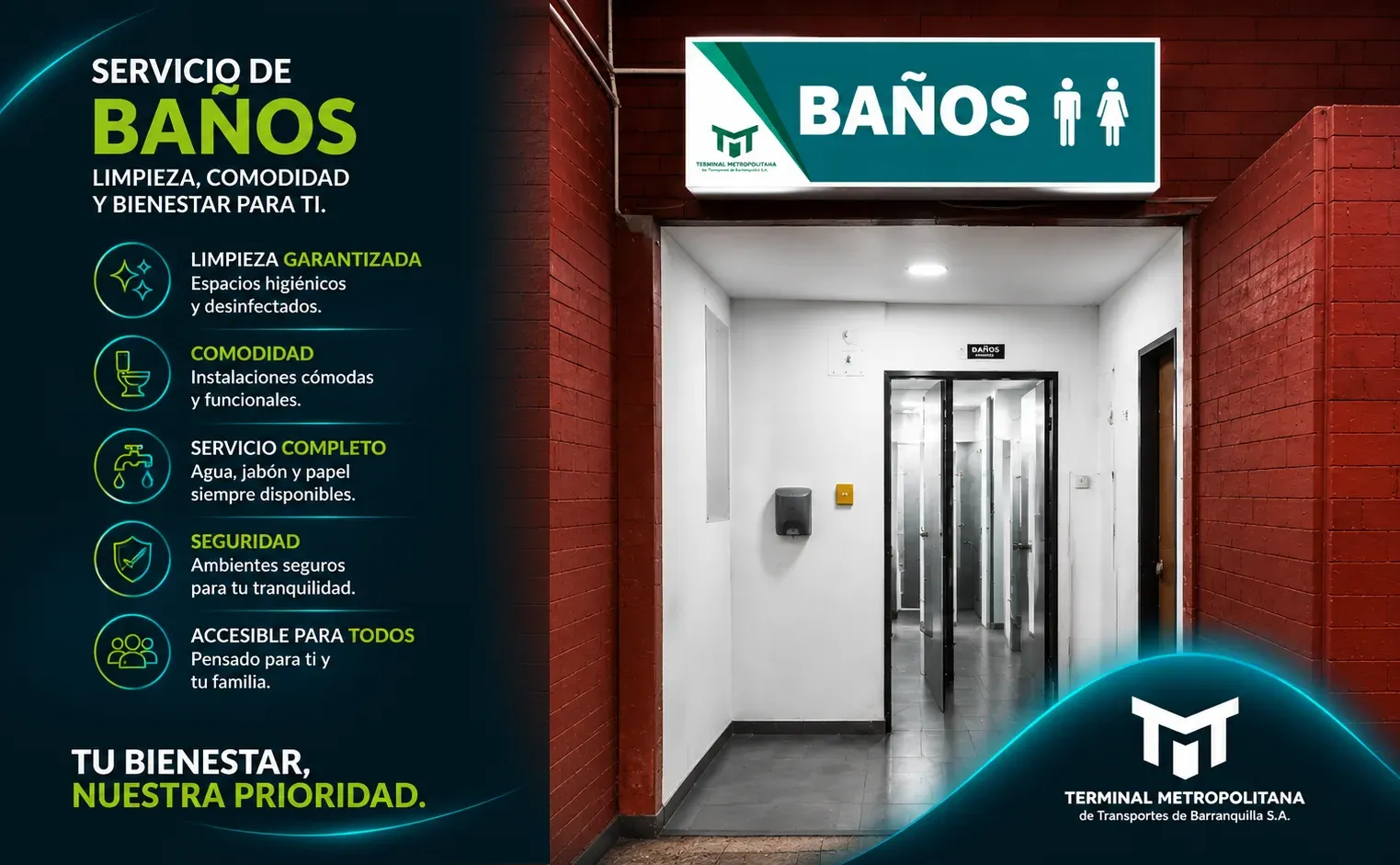Pieza informativa del servicio de baños de la Terminal Metropolitana de Barranquilla.