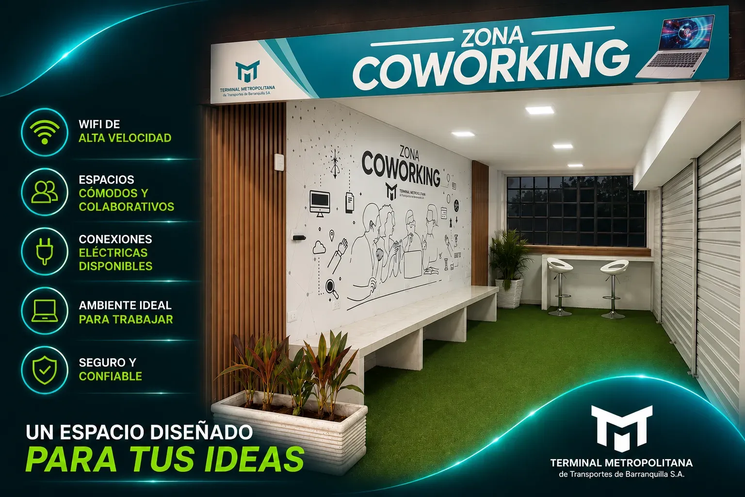 Pieza informativa de la zona de coworking de la Terminal Metropolitana de Barranquilla.