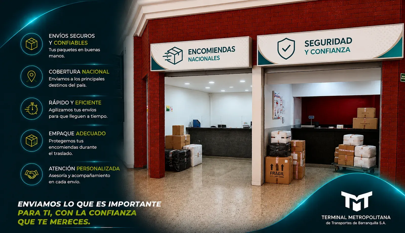 Pieza informativa del servicio de encomiendas de la Terminal Metropolitana de Barranquilla.