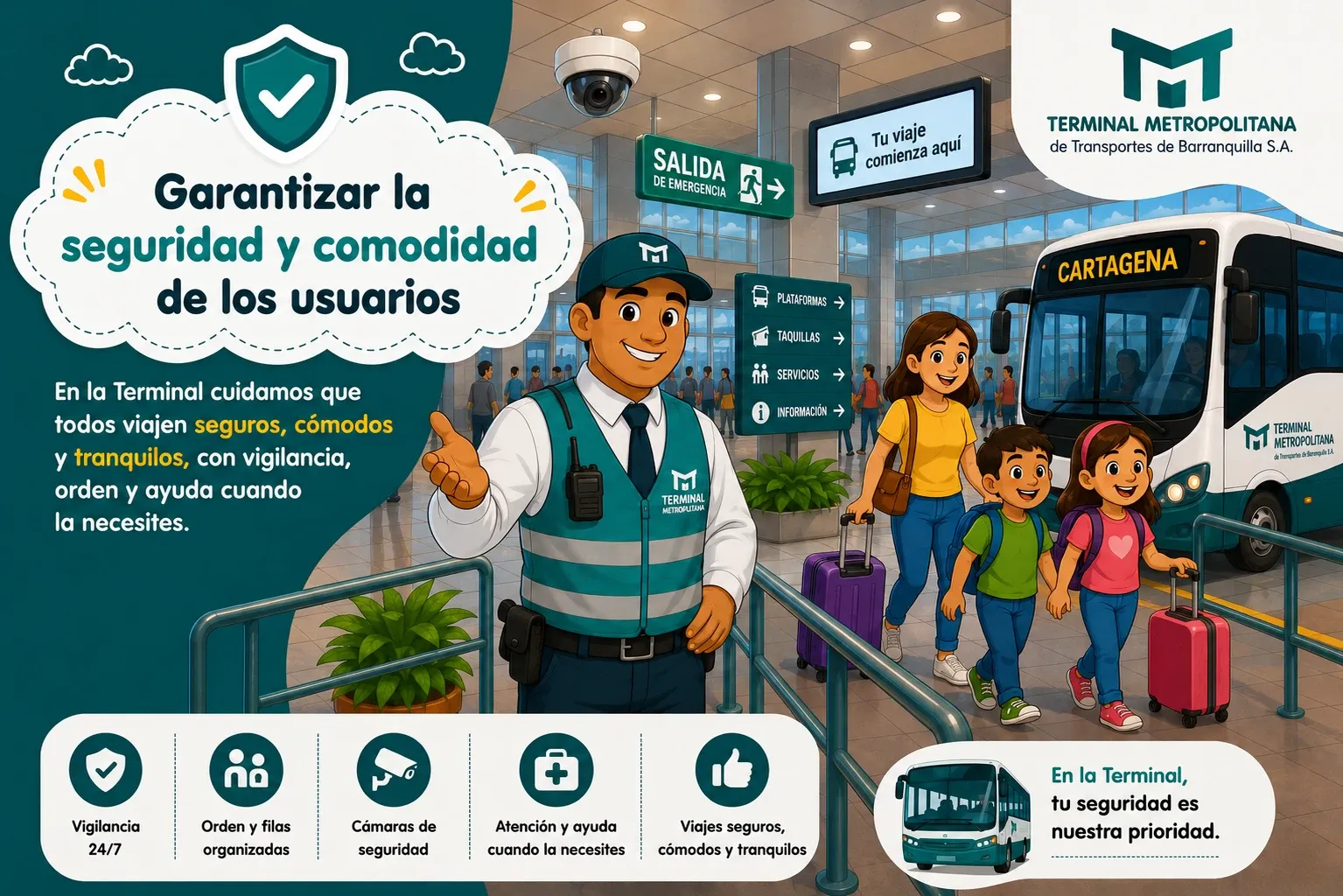 Garantizar la seguridad y comodidad de los usuarios: implementa medidas de control, vigilancia y organización para ofrecer un servicio seguro, cómodo y eficiente a los viajeros.