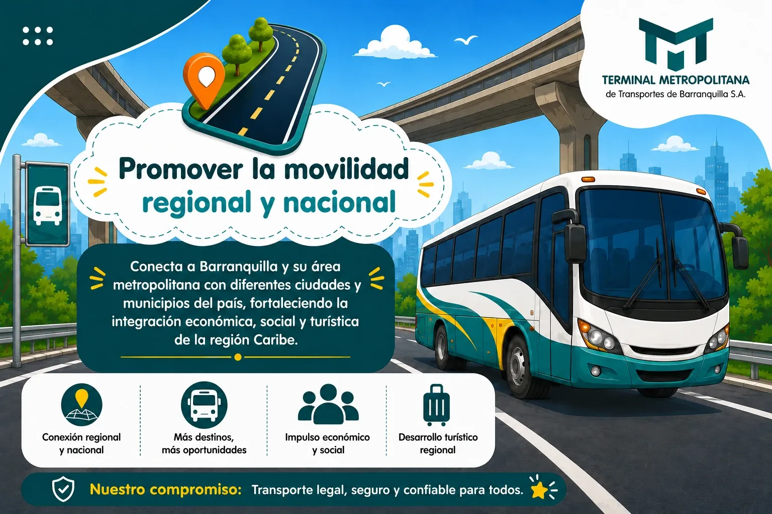 Promover la movilidad regional y nacional: conecta a Barranquilla y su área metropolitana con diferentes ciudades y municipios del país, fortaleciendo la integración económica, social y turística de la región Caribe.