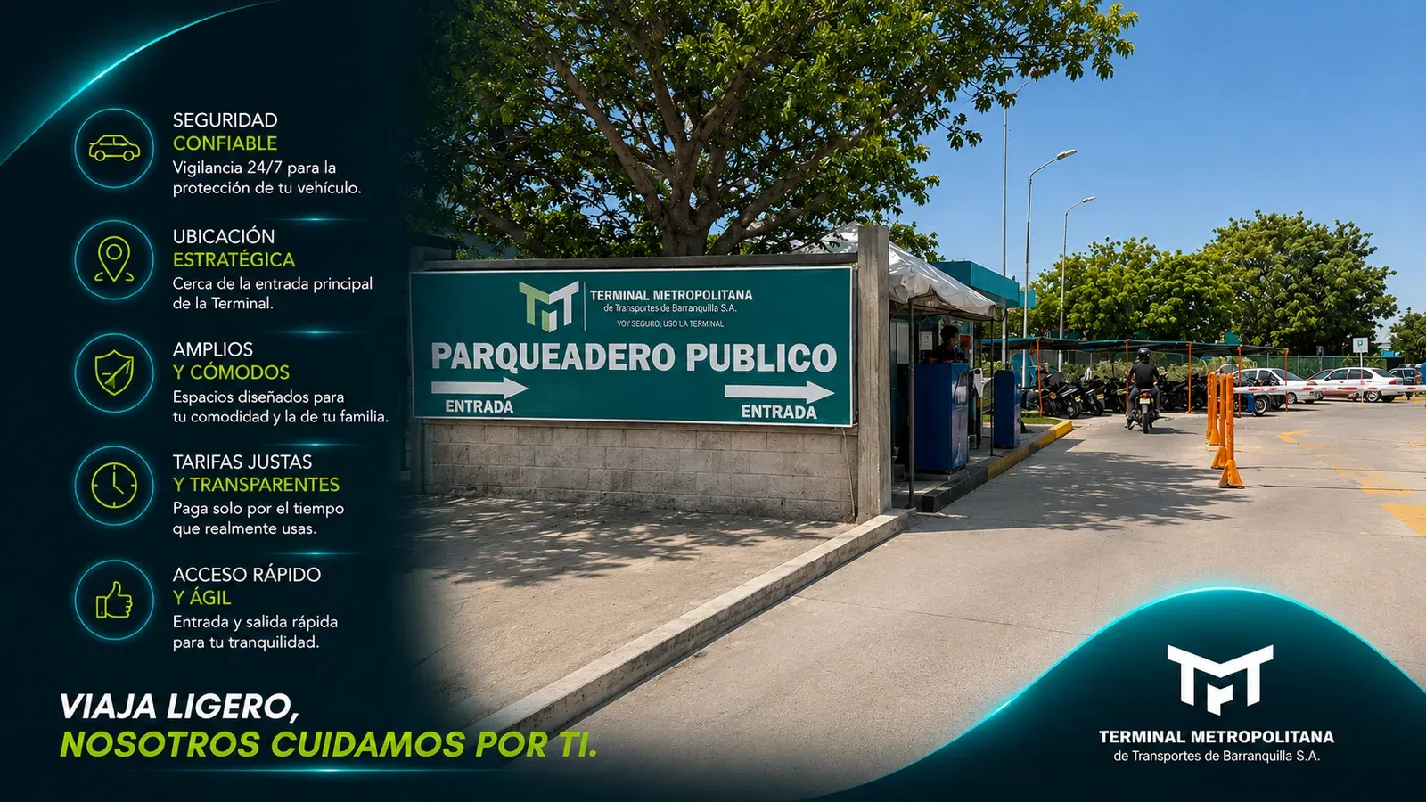 Pieza informativa del servicio de parqueadero público de la Terminal Metropolitana de Barranquilla.