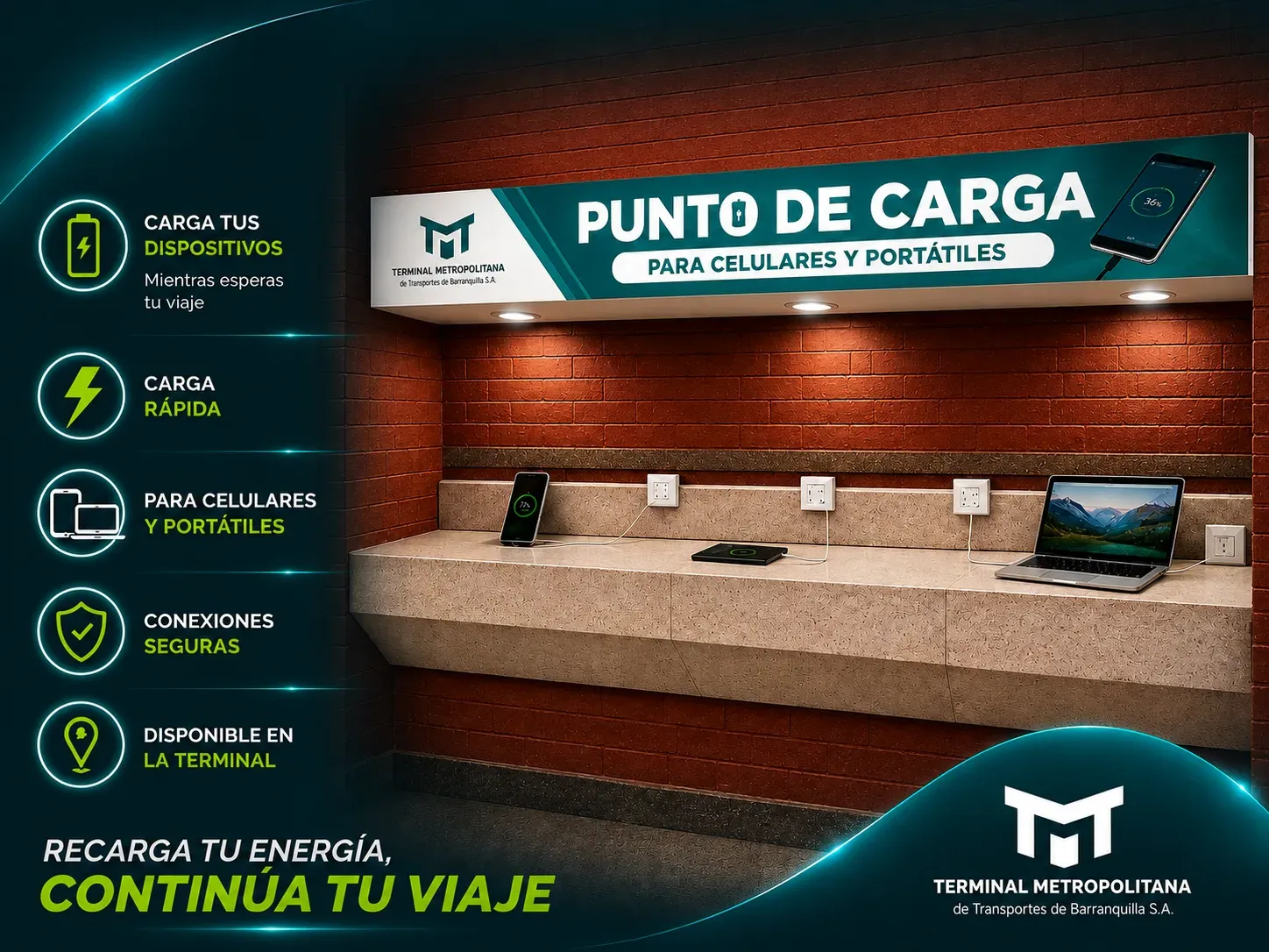 Pieza informativa del punto de carga para celulares y portátiles de la Terminal Metropolitana de Barranquilla.
