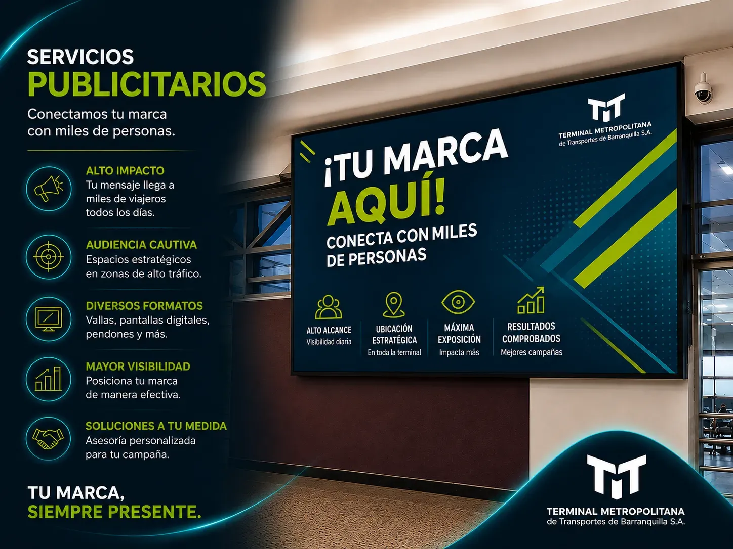 Pieza informativa de los servicios publicitarios de la Terminal Metropolitana de Barranquilla.