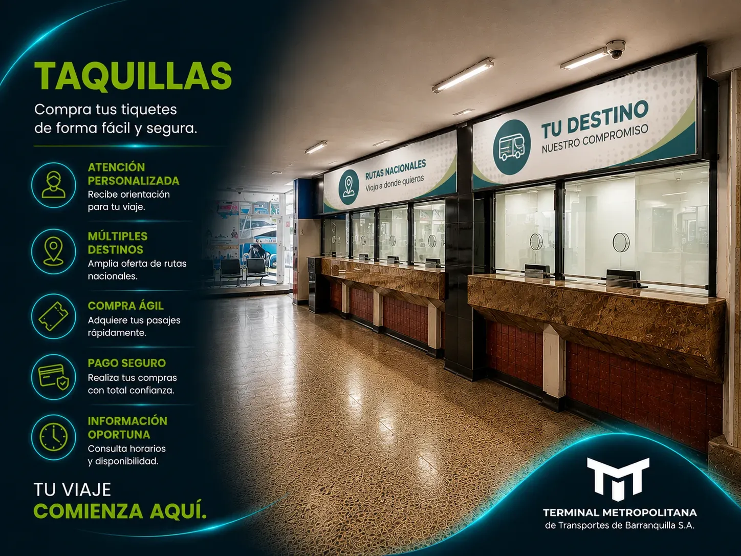 Pieza informativa de las taquillas de la Terminal Metropolitana de Barranquilla.
